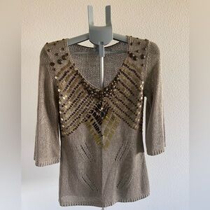 Vertigo Paris Tan V-Neck Sweater-Tunic with Gold Accents